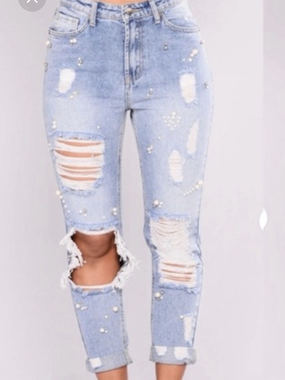 Distressed Light Blue Pearl-Embellished Women’s Jeans